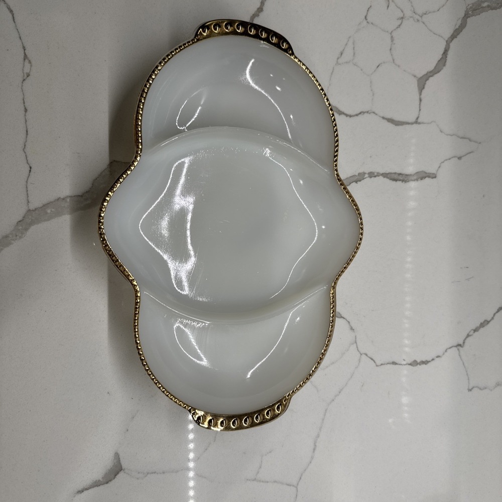 Milk Glass Multiple Use Tray with Gold Gilding 1950s/60s Fire king